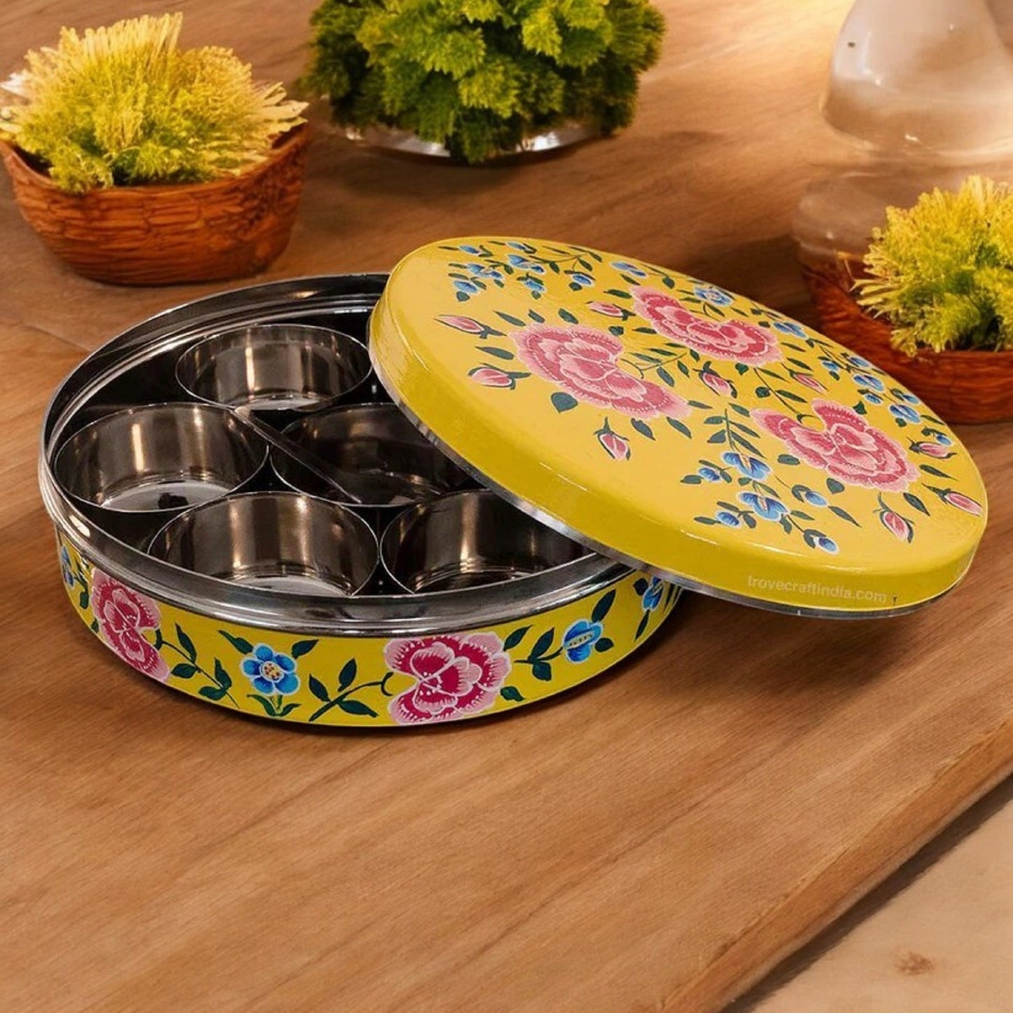 Hand Painted Spice Box With 7 Compartments-Yellow