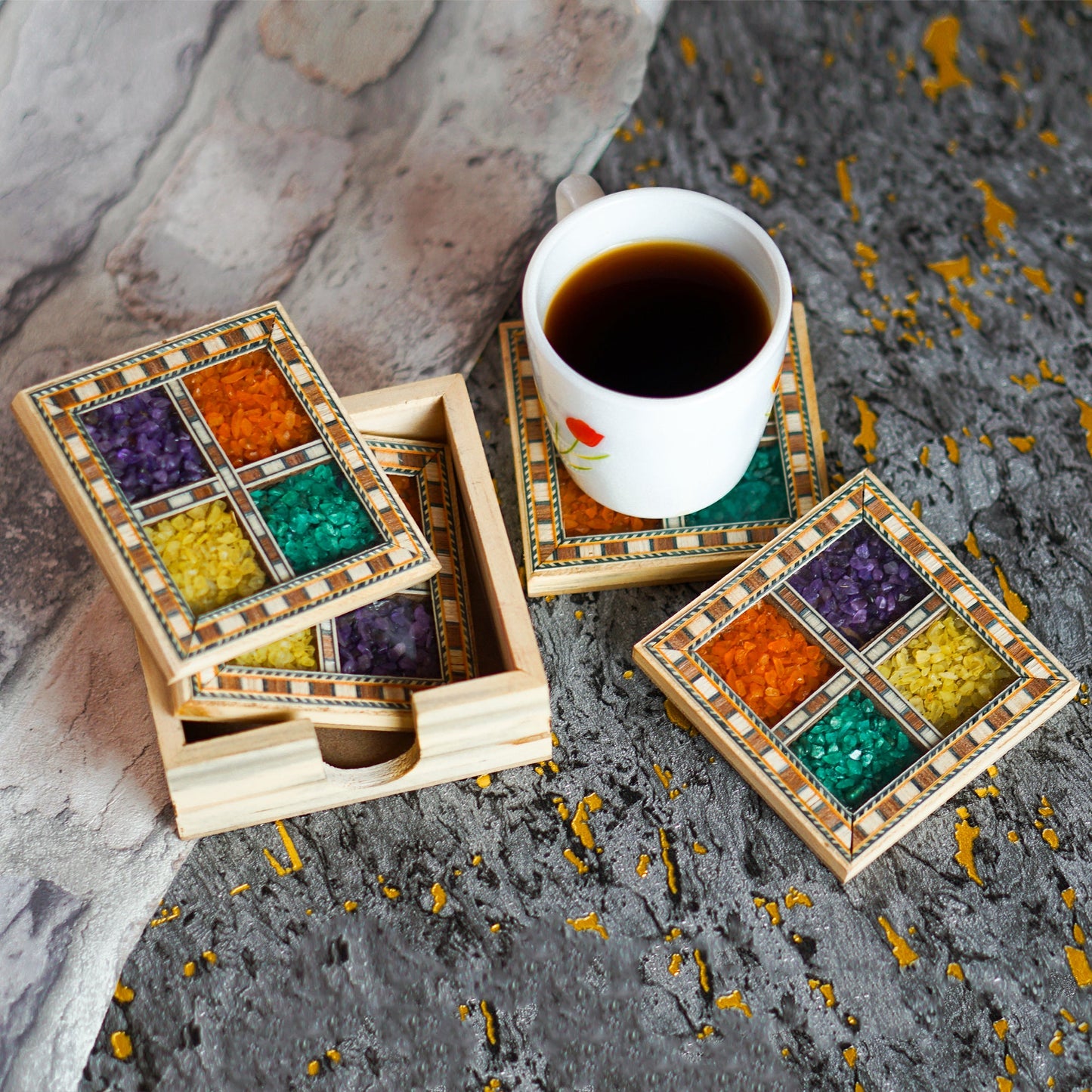Wooden Gemstone Pine Coaster Set
