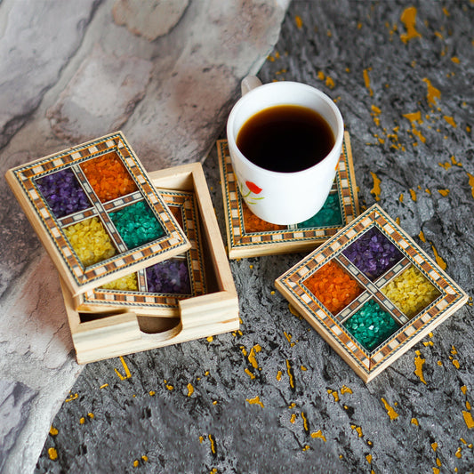 Wooden Gemstone Pine Coaster Set
