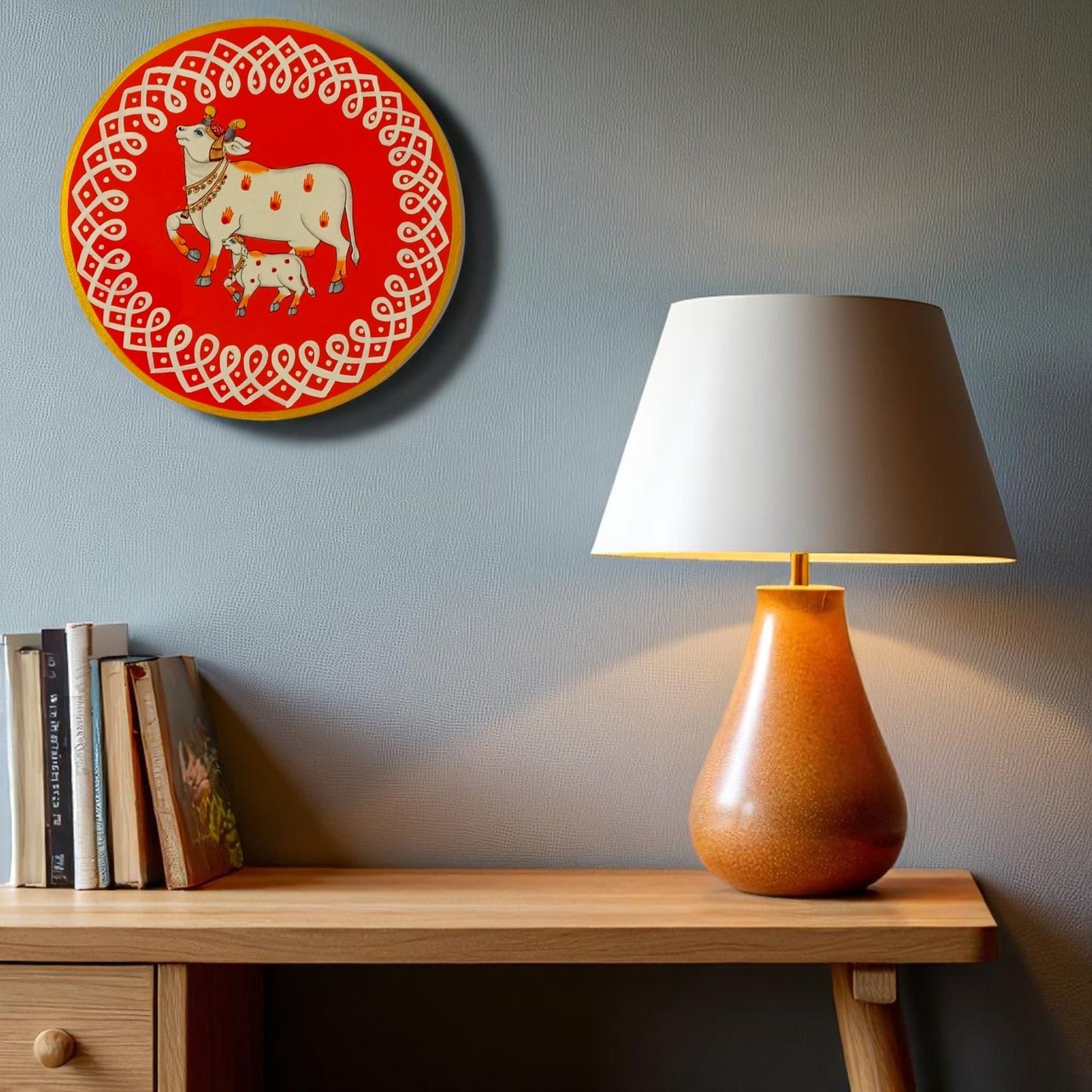 Hand Painted Pichwai Wooden Wall Plate - Divine Cow & Calf
