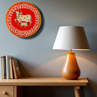 Hand Painted Pichwai Wooden Wall Plate - Divine Cow & Calf