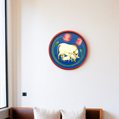 Handmade Pichwai Wooden Wall Plate with Lotus & Kamdhenu
