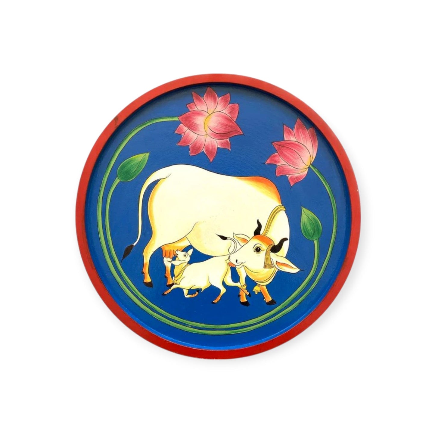 Handmade Pichwai Wooden Wall Plate with Lotus & Kamdhenu