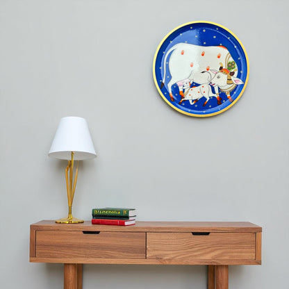 Hand-Painted Pichwai Divine Cow & Calf Wall Plate White Speckles Stars