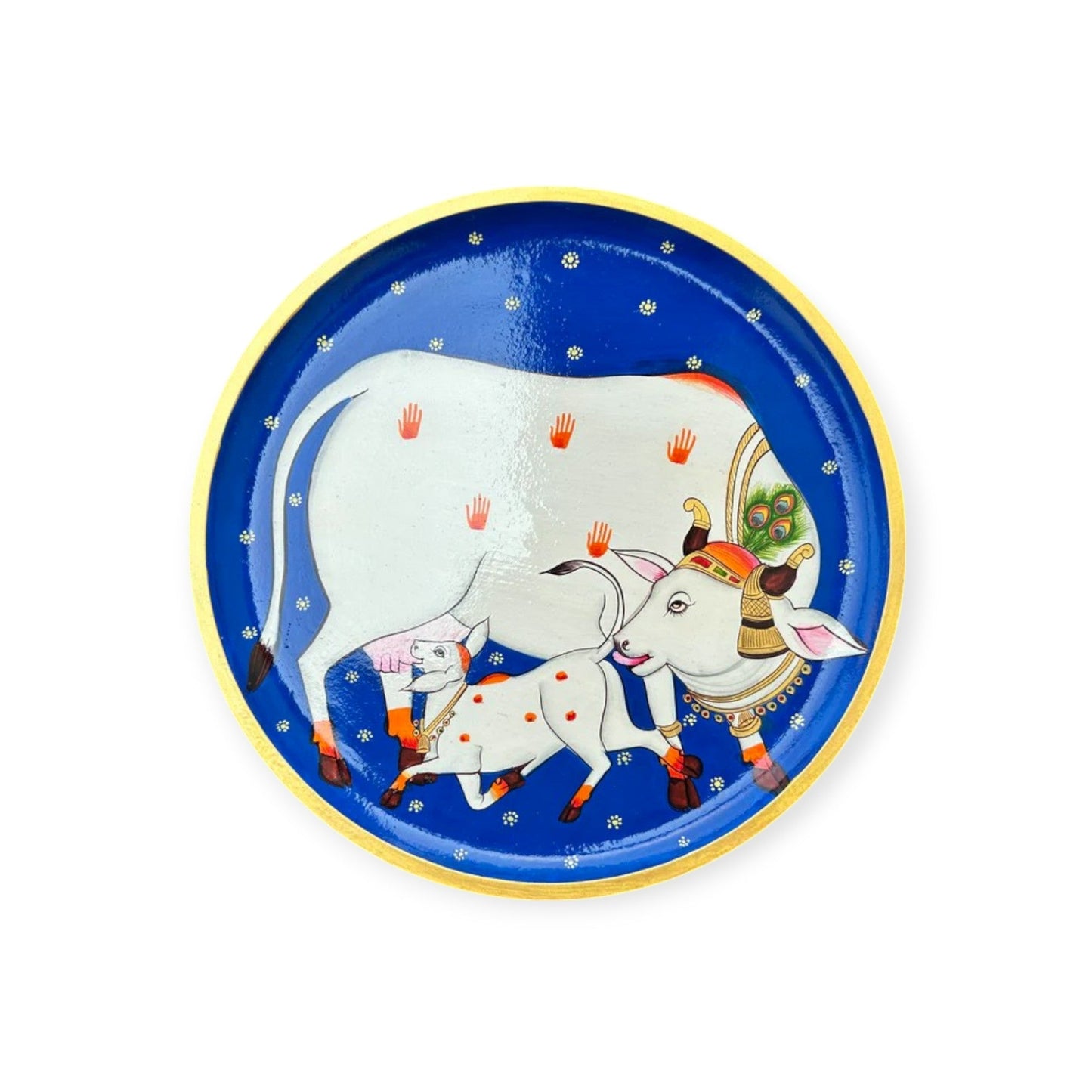 Hand-Painted Pichwai Divine Cow & Calf Wall Plate White Speckles Stars