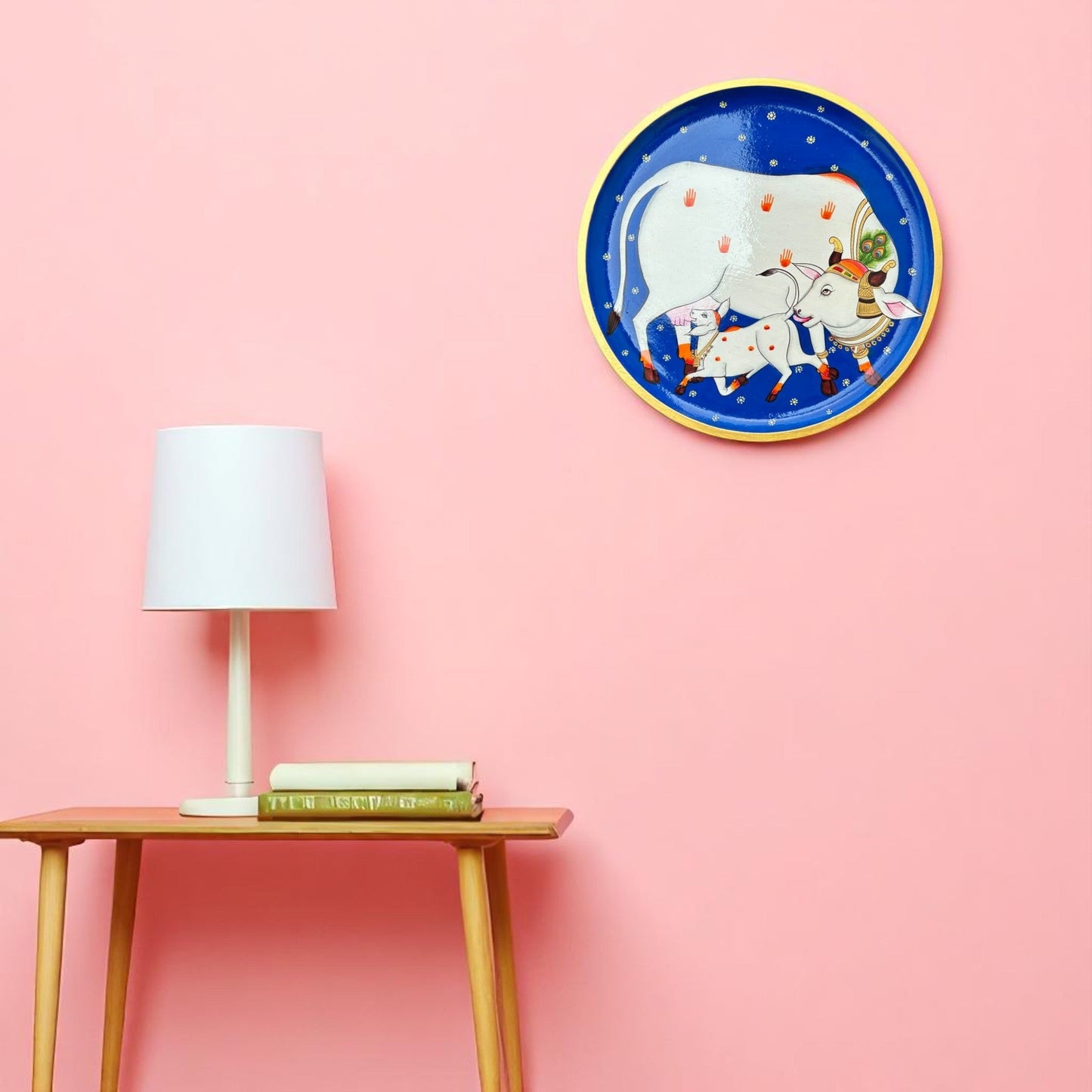 Hand-Painted Pichwai Divine Cow & Calf Wall Plate White Speckles Stars