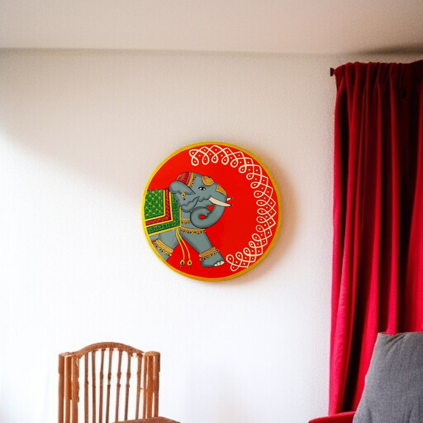 Hand Painted Pichwai Wooden Wall Plate-Elephant
