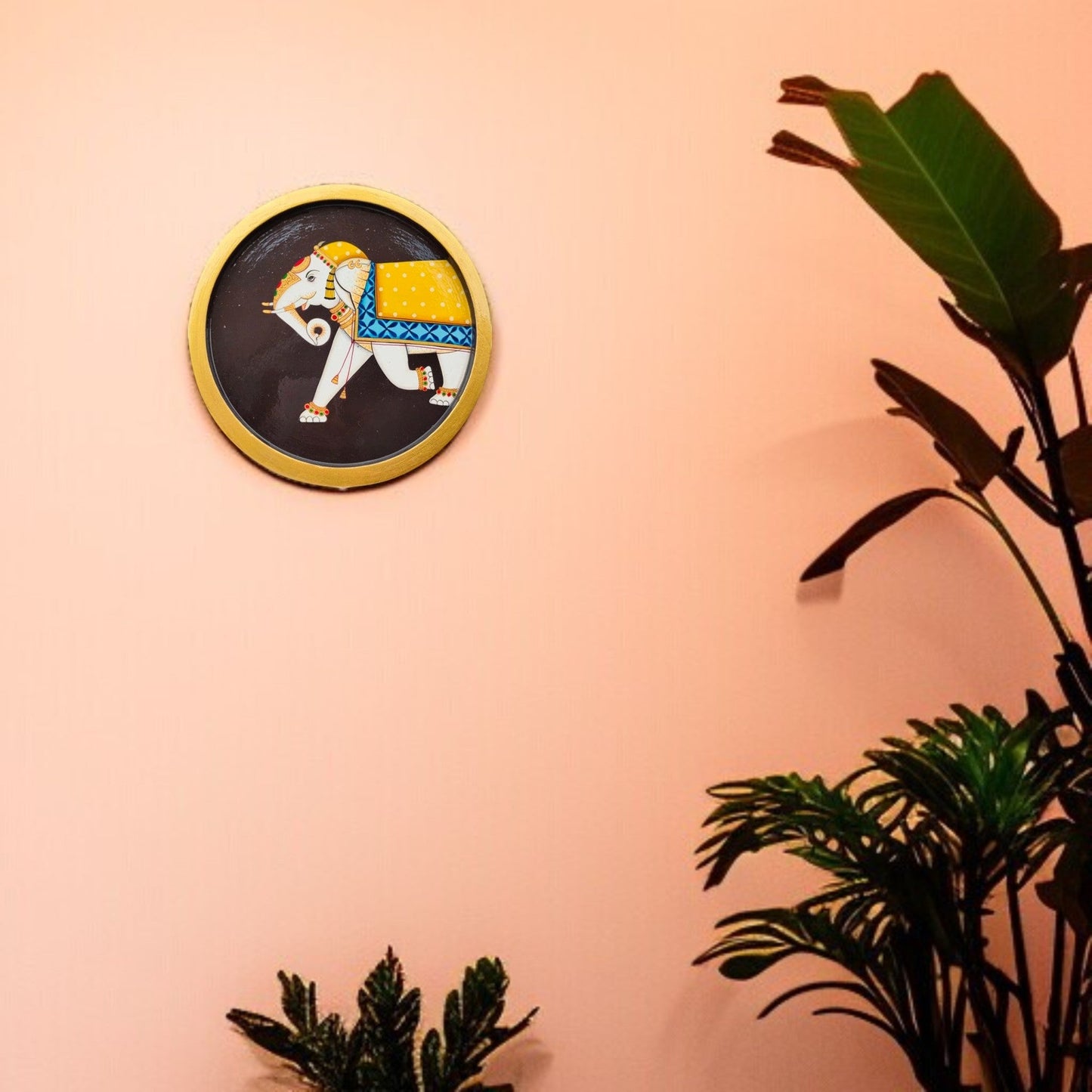 Wooden Golden Framed Pichwai Elephant Wall Decor