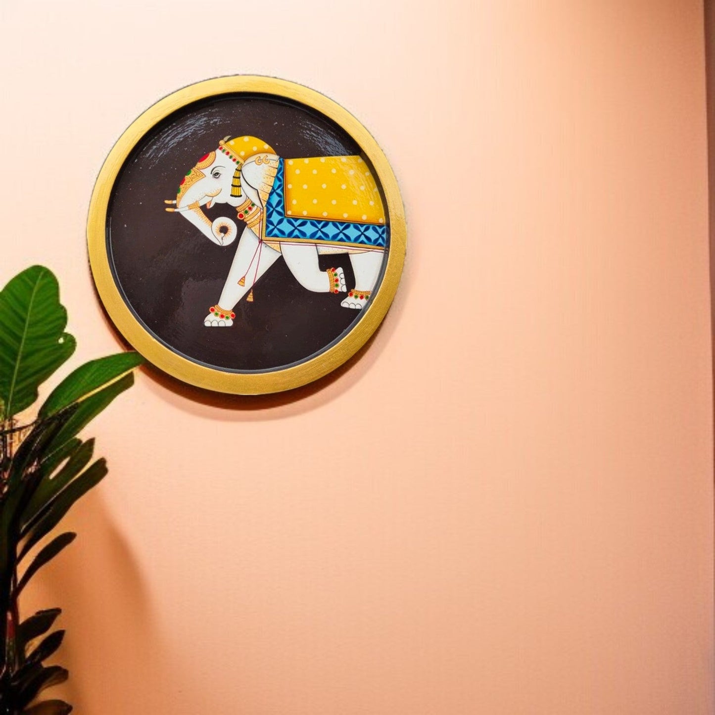 Wooden Golden Framed Pichwai Elephant Wall Decor
