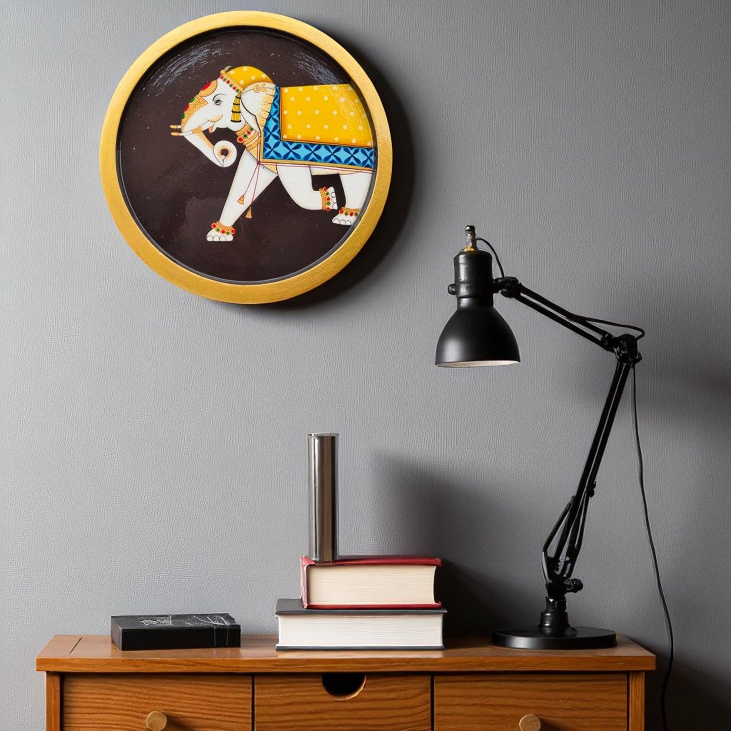 Wooden Golden Framed Pichwai Elephant Wall Decor