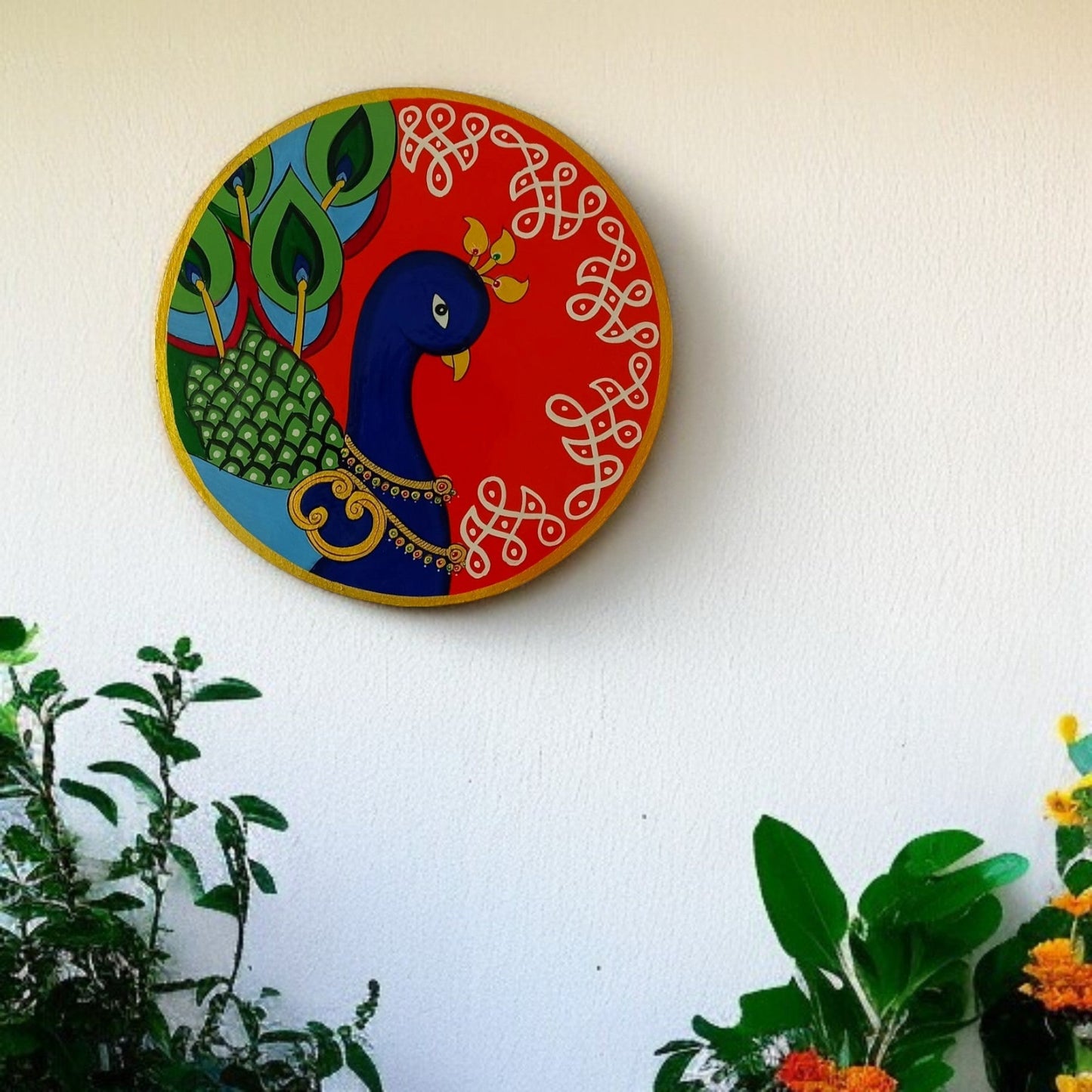 Hand-Painted Pichwai Wooden Wall Plate-Peacock