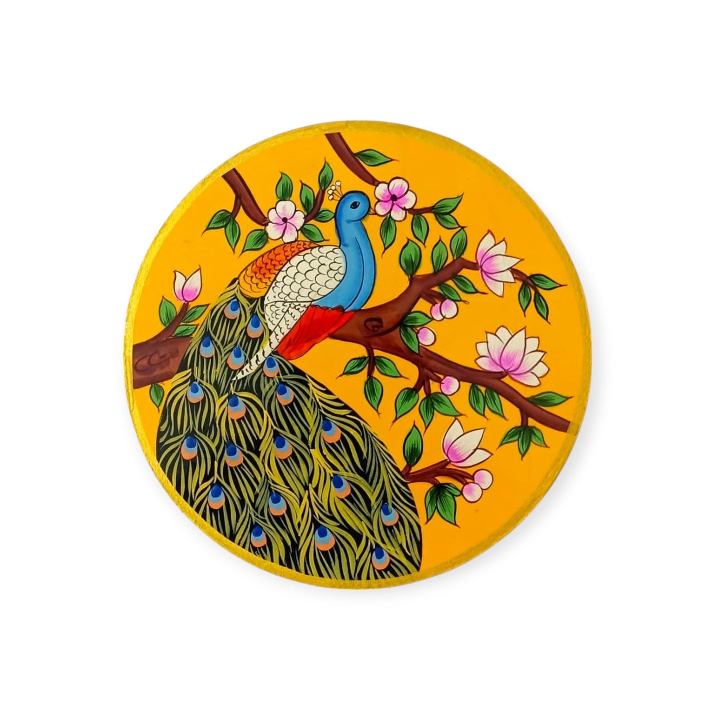 Hand-Painted Peacock Wooden Wall Plate – Floral Grace