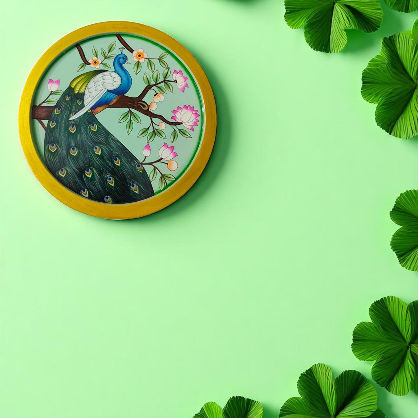 Hand-Painted Wooden Wall Plate-Regal Peacock Design