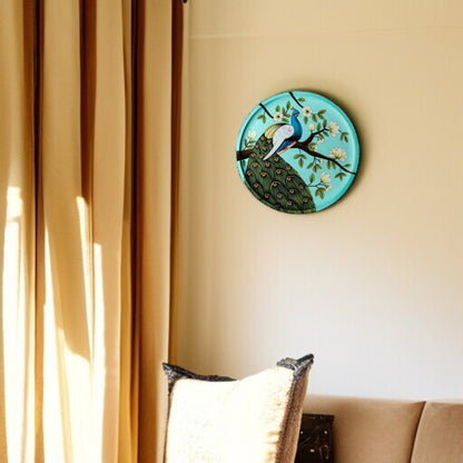 Wooden Hand-Painted Peacock Decorative Plate