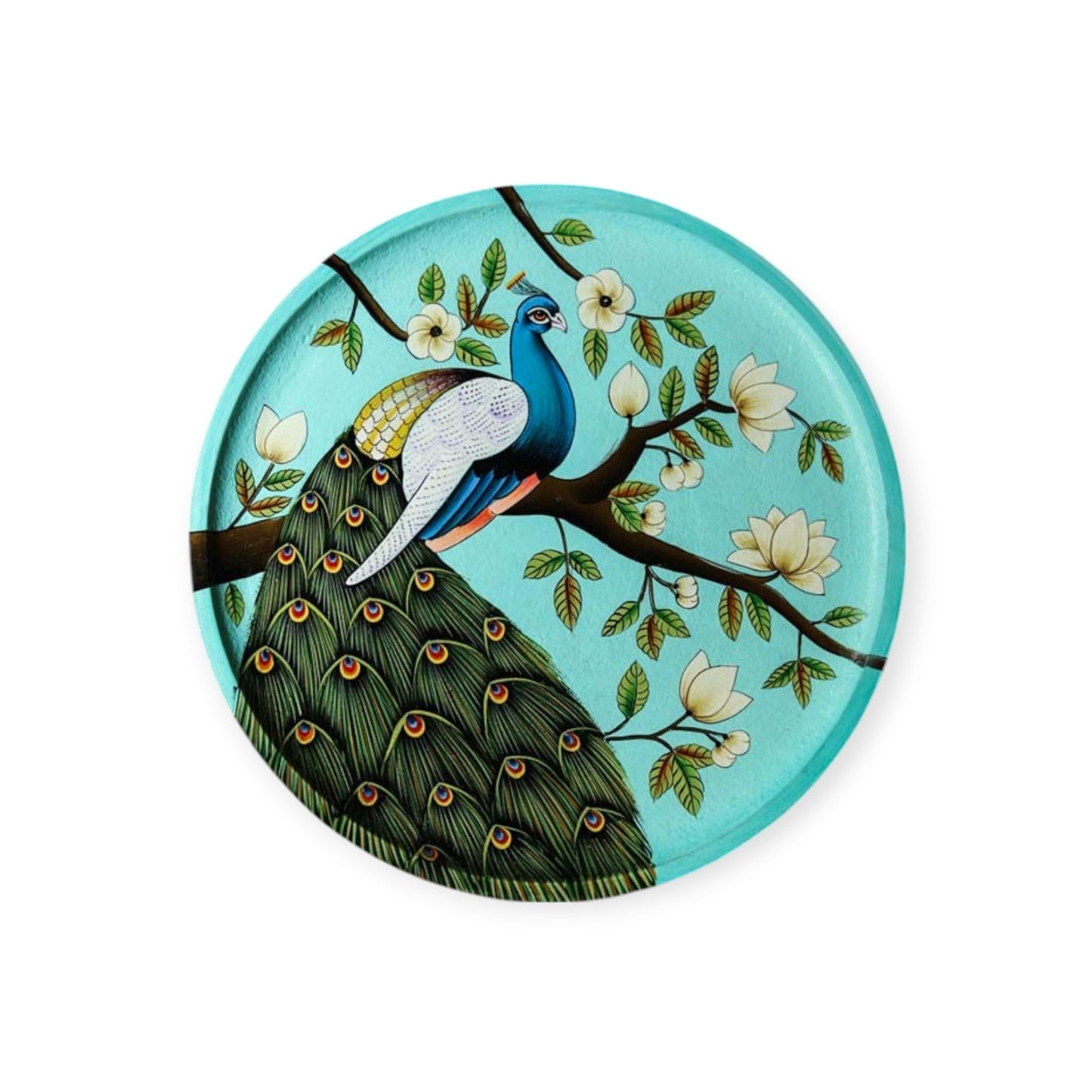 Wooden Hand-Painted Peacock Decorative Plate