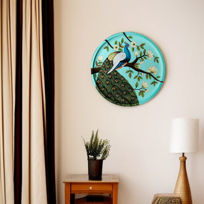Wooden Hand-Painted Peacock Decorative Plate