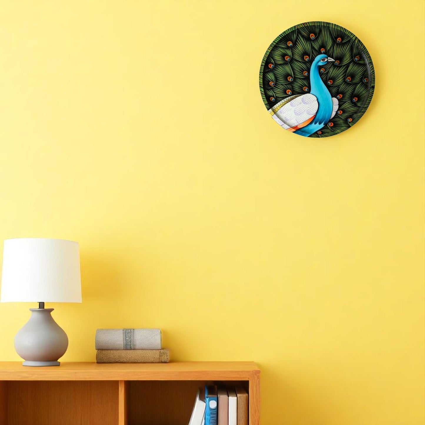 Hand Painted Wooden Wall Plate Vibrant Peacock Motif