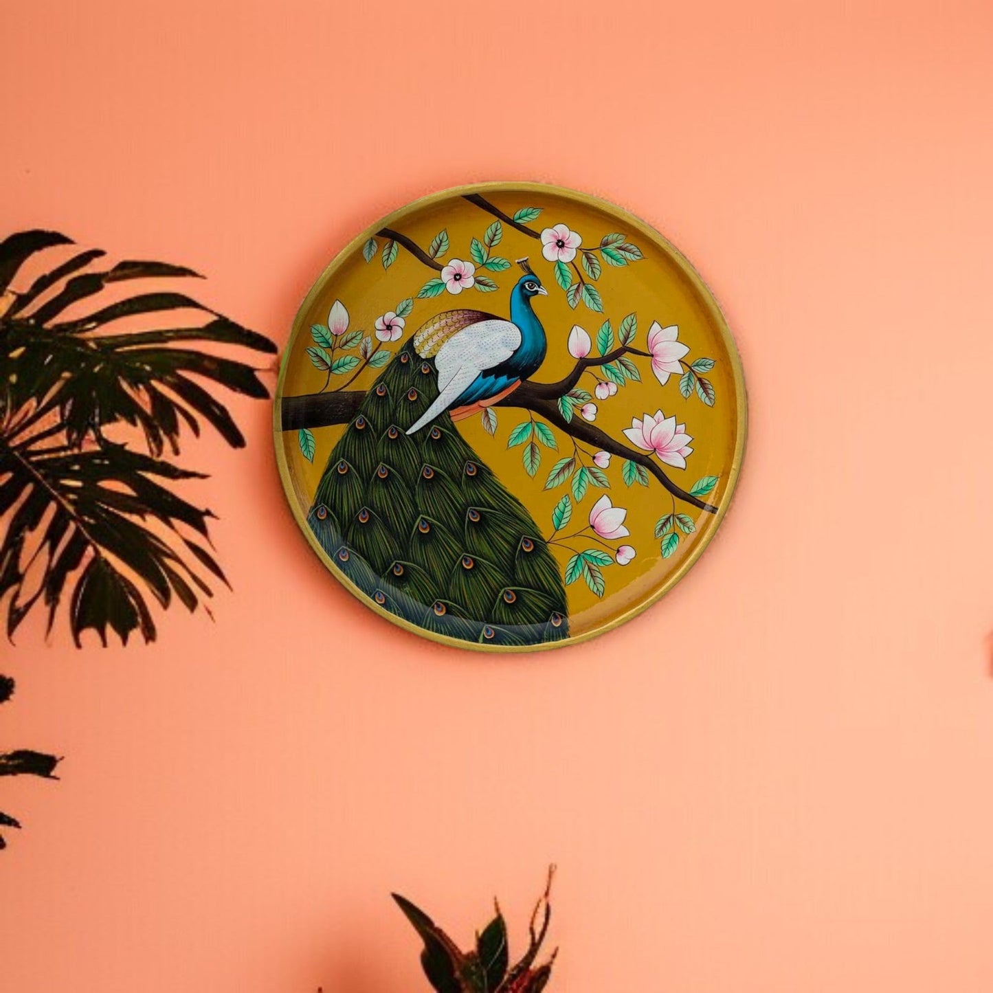 Hand-Painted Wooden Peacock Wall Plate