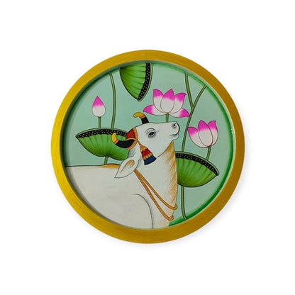 Wooden Round Plate With Divine Cow Artwork