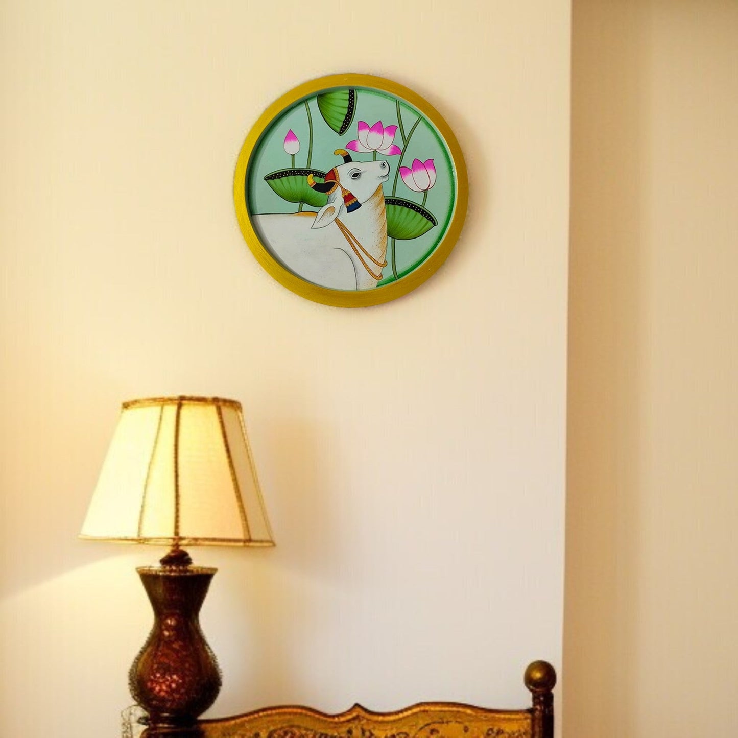 Wooden Round Plate With Divine Cow Artwork