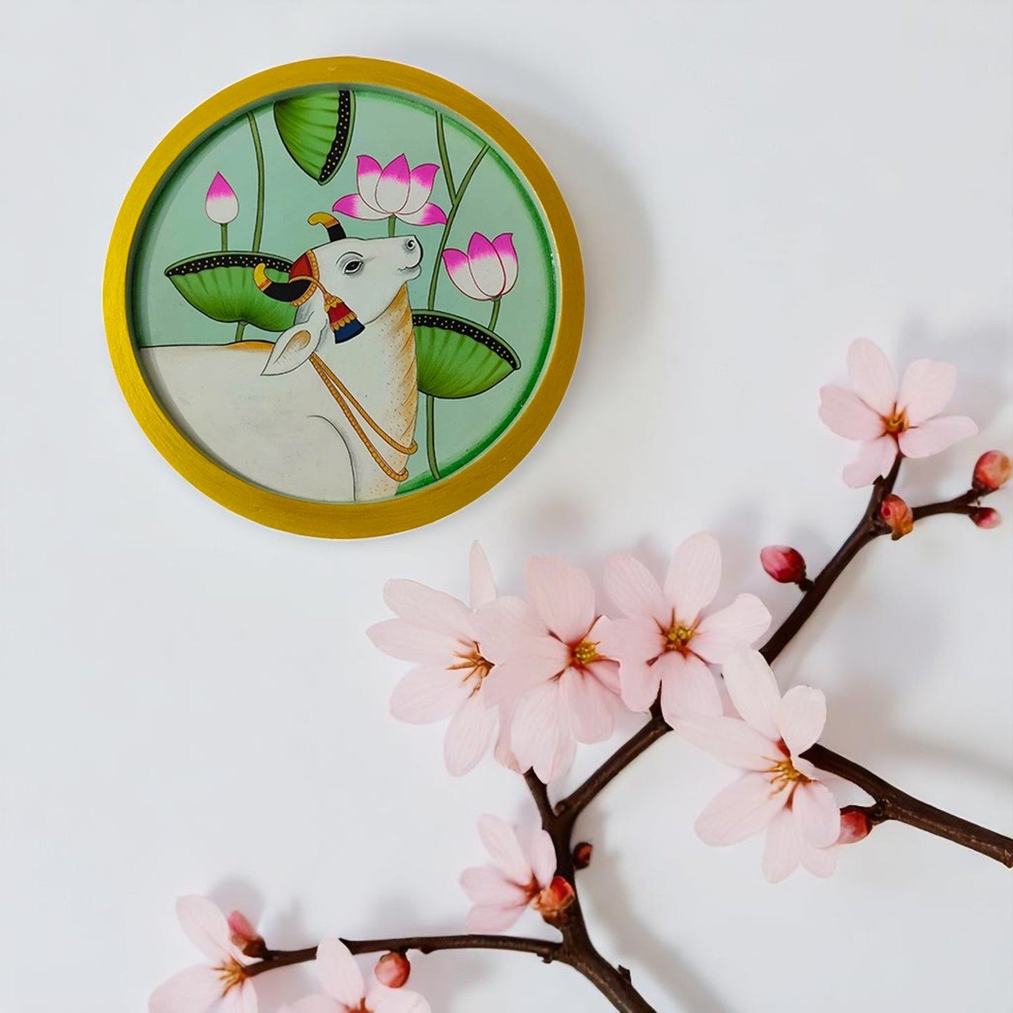 Wooden Round Plate With Divine Cow Artwork