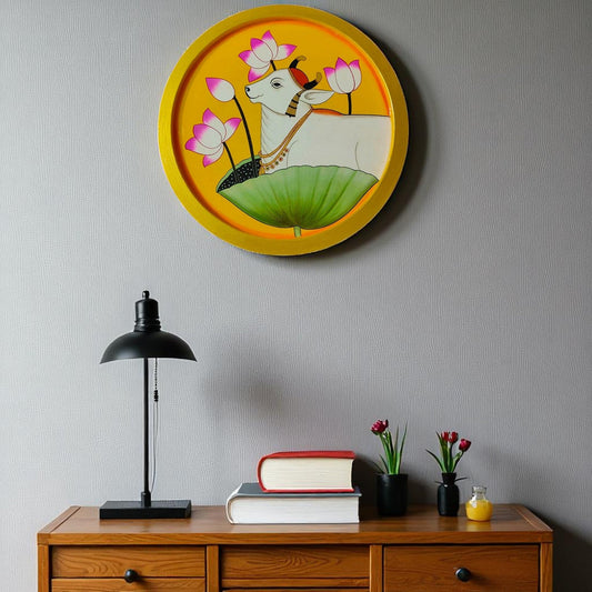 Hand-Painted Wooden Plate Cow in Lotus Pond Round Decor