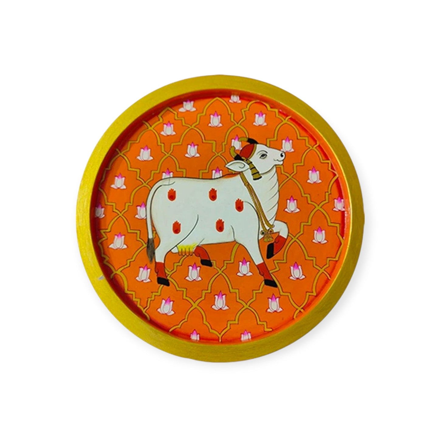 Hand-Painted Cow & Lotus Round Wood Wall Decor