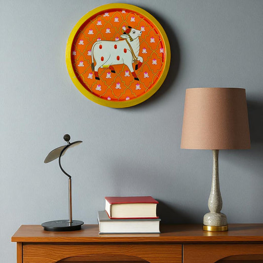 Hand-Painted Cow & Lotus Round Wood Wall Decor