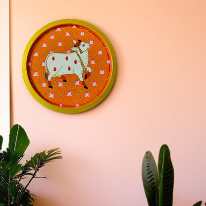 Hand-Painted Cow & Lotus Round Wood Wall Decor