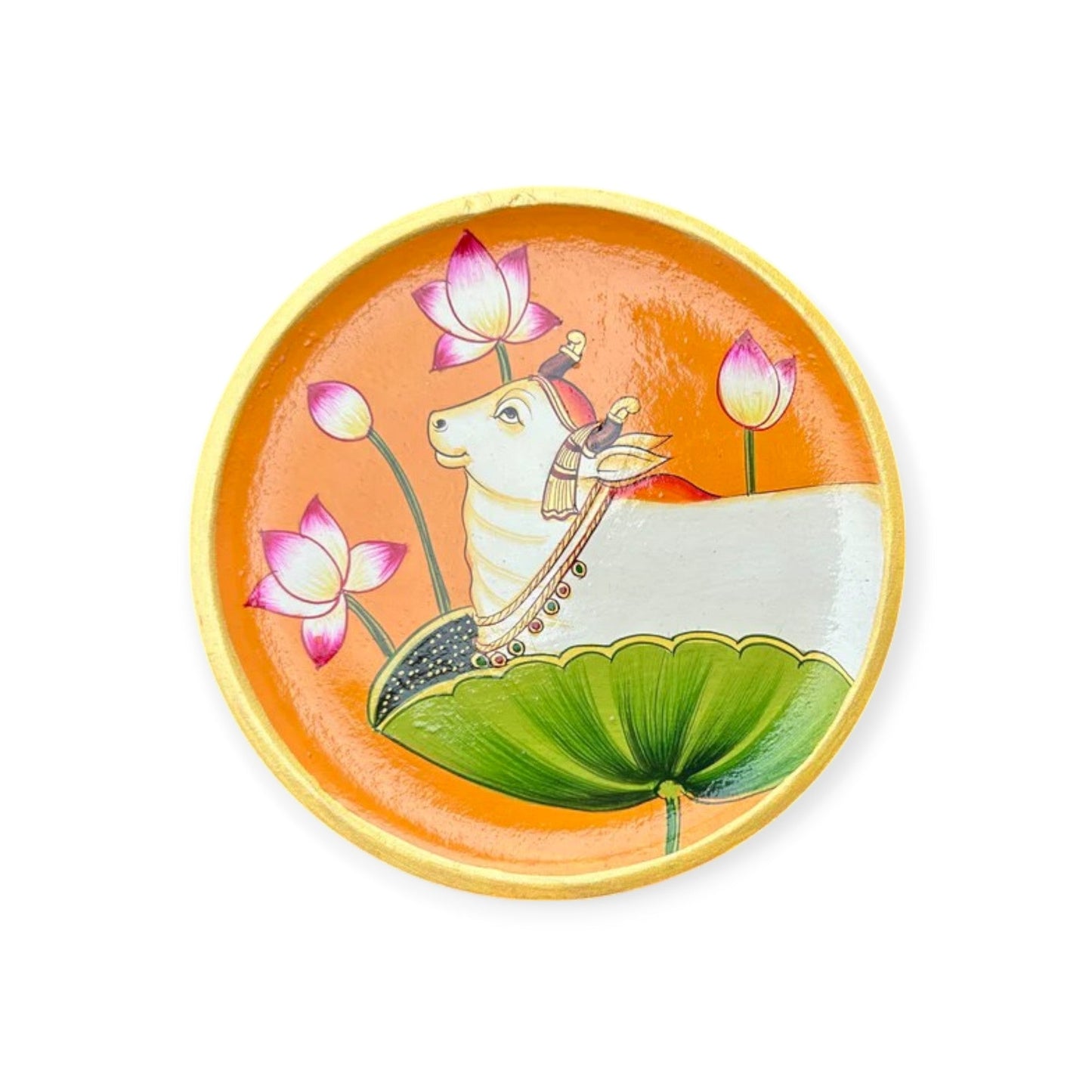 Divine Cow & Lotus Hand-Painted Wooden Wall Plate