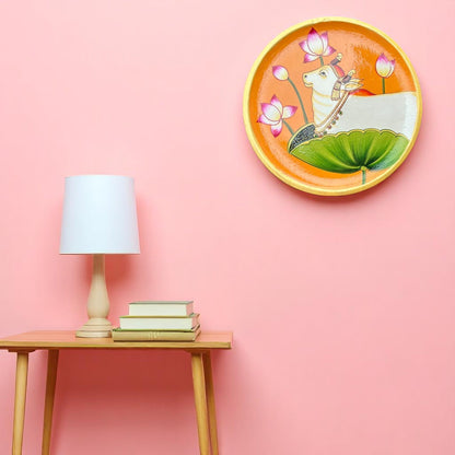 Divine Cow & Lotus Hand-Painted Wooden Wall Plate