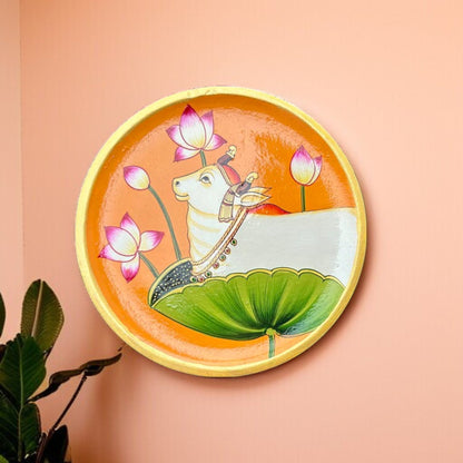 Divine Cow & Lotus Hand-Painted Wooden Wall Plate