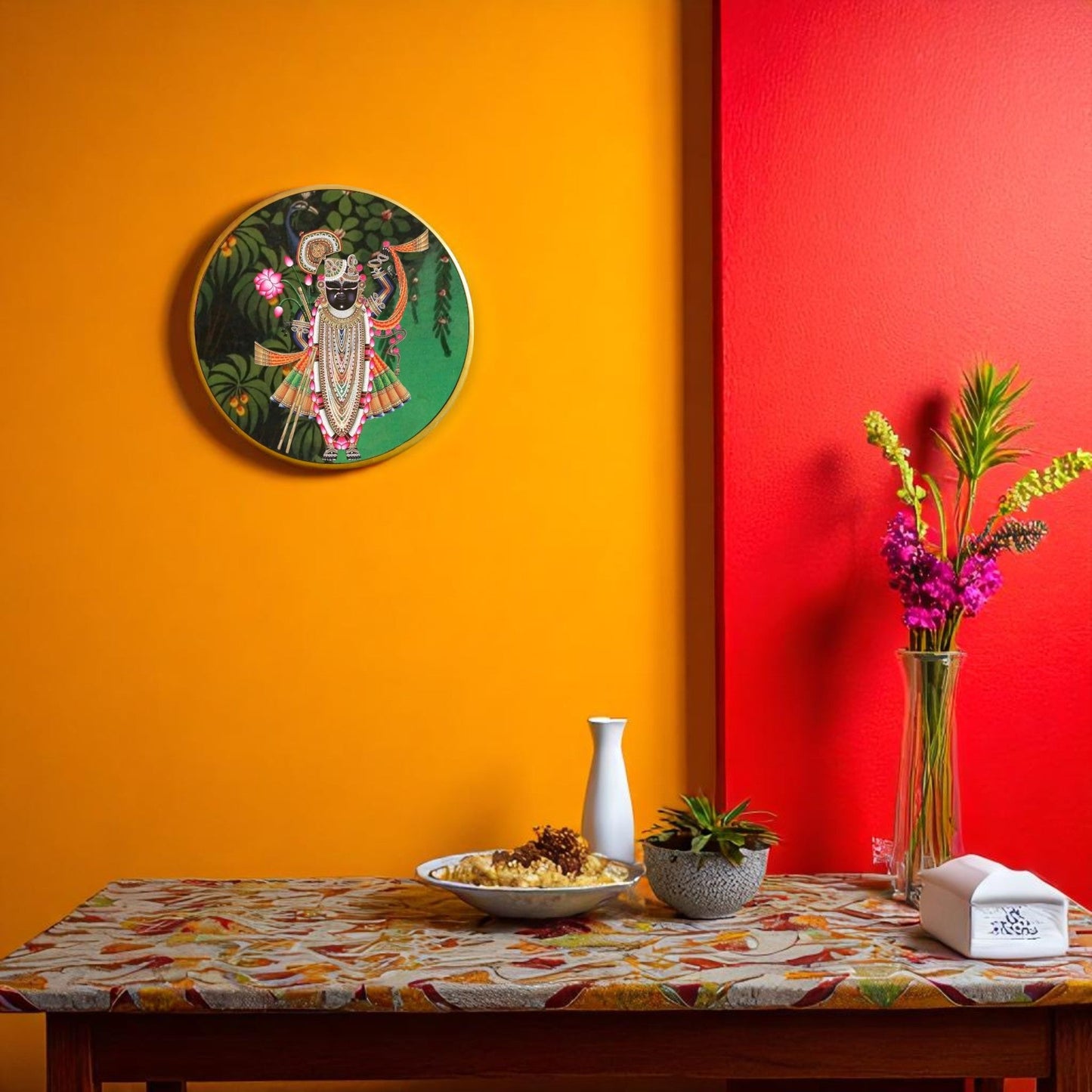 Wooden Hand Painted Round Plates Wall Shreenath Ji Design