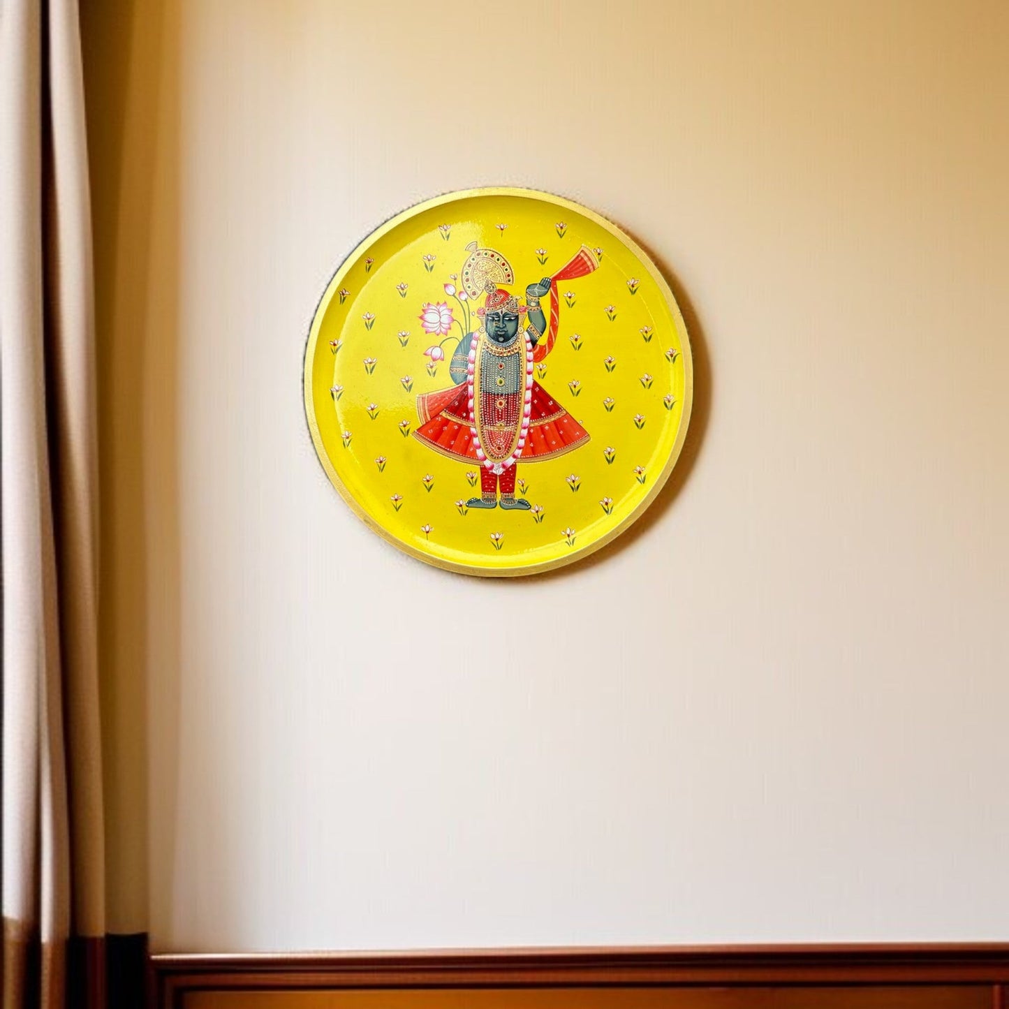 Wooden Hand-Painted Wall Plate Lotus & Deity Design