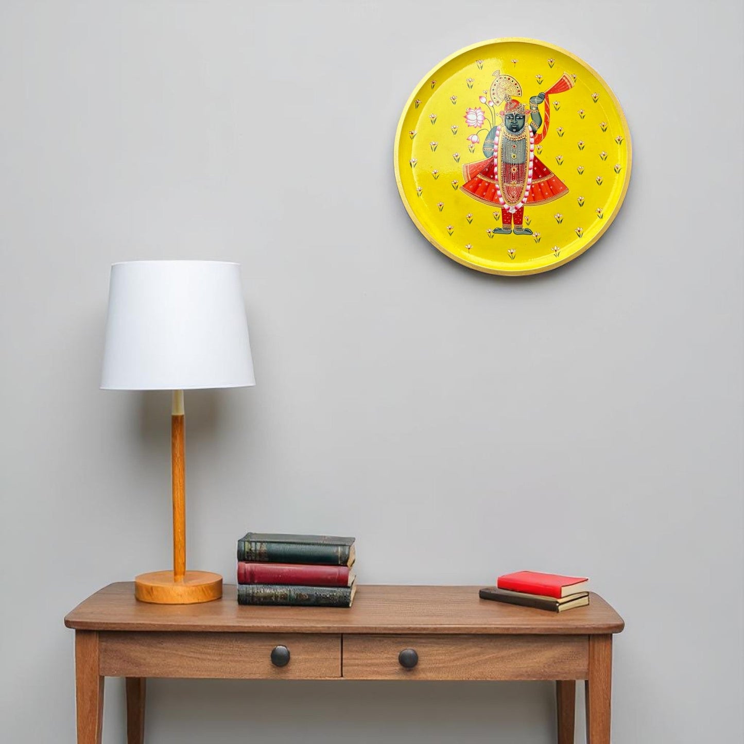 Wooden Hand-Painted Wall Plate Lotus & Deity Design