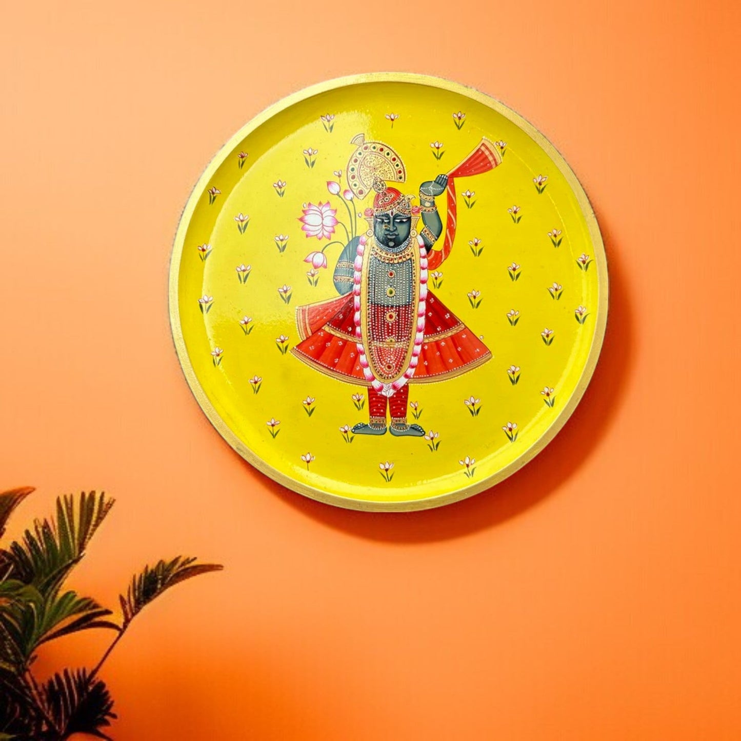 Wooden Hand-Painted Wall Plate Lotus & Deity Design