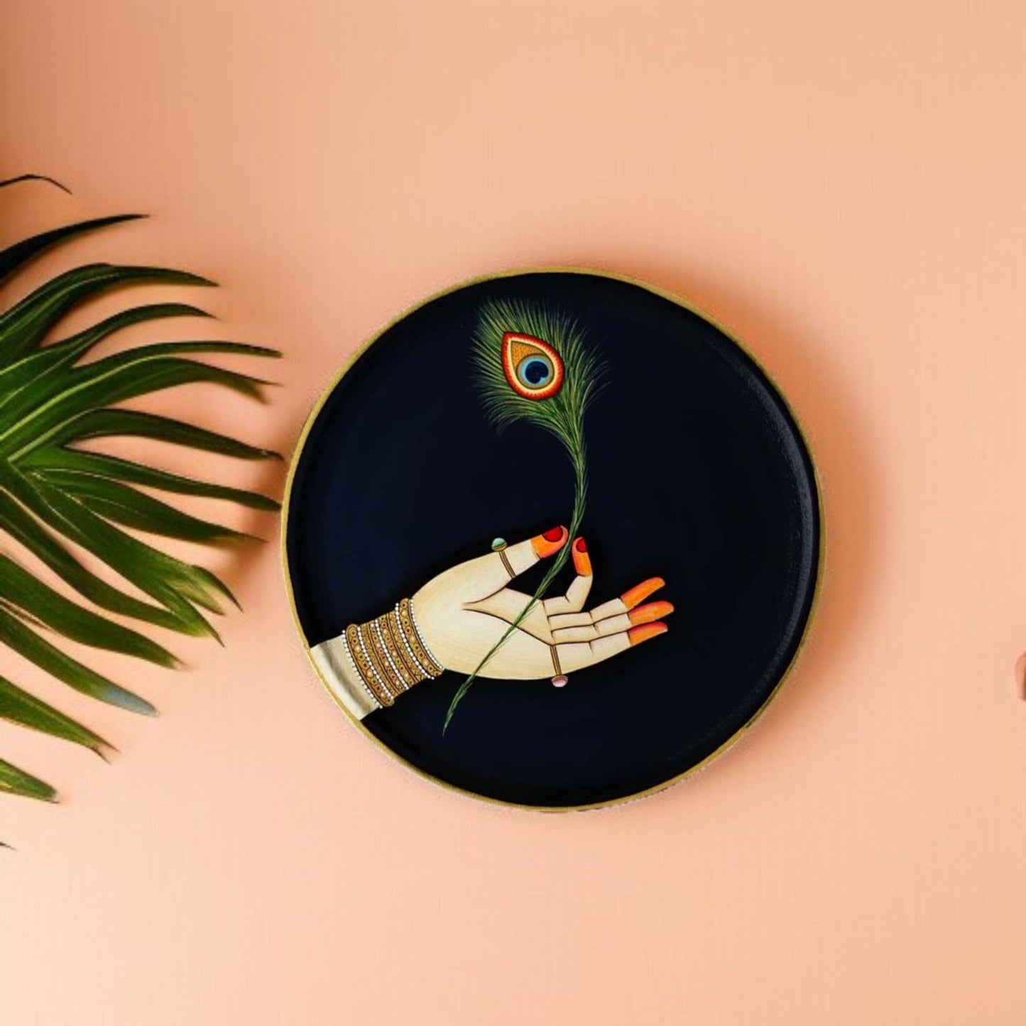 Wooden Hand Painted Round Plates Wall-Peacock Feather Design