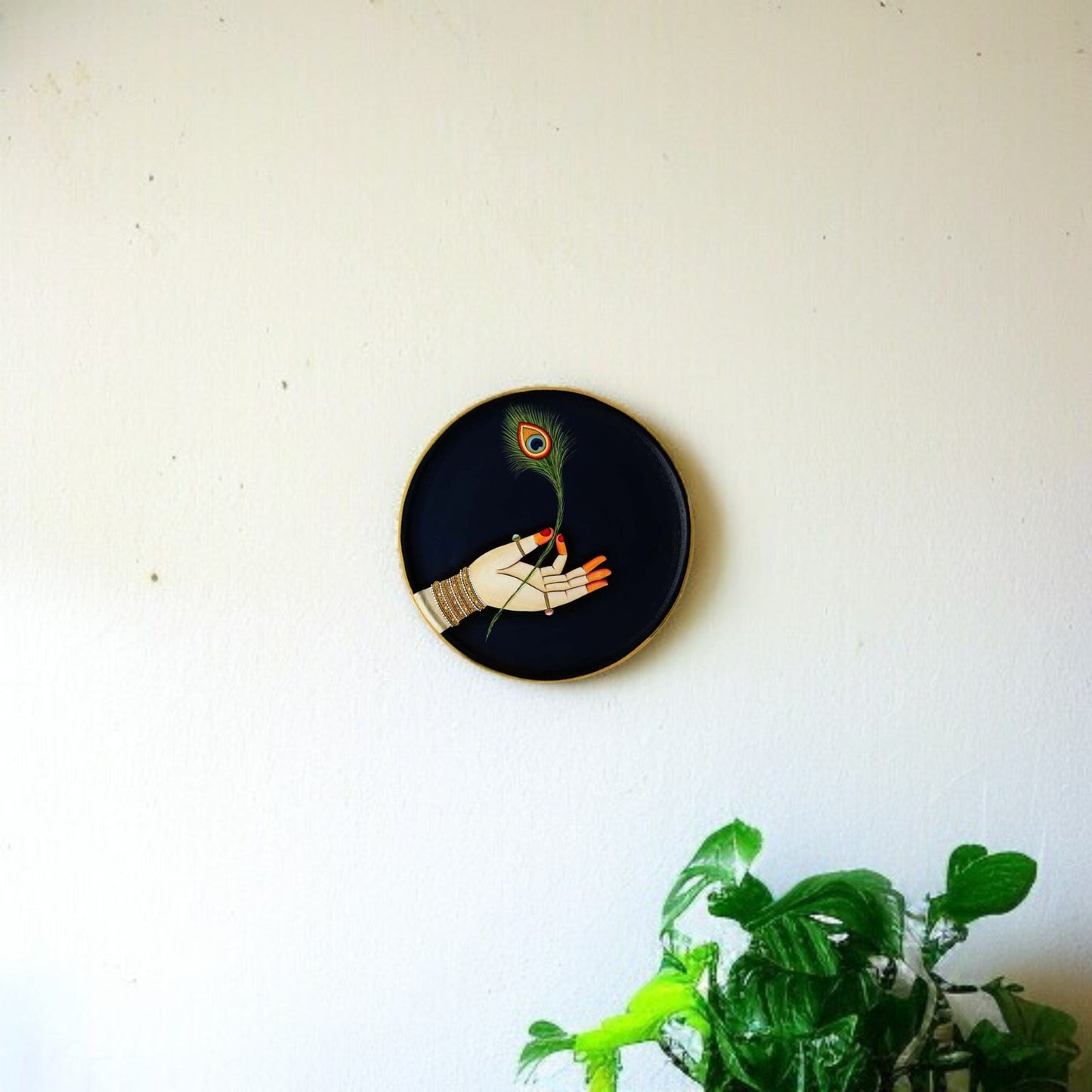 Wooden Hand Painted Round Plates Wall-Peacock Feather Design