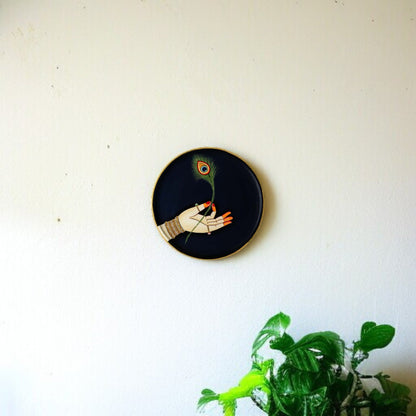 Wooden Hand Painted Round Plates Wall-Peacock Feather Design