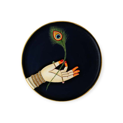 Wooden Hand Painted Round Plates Wall-Peacock Feather Design