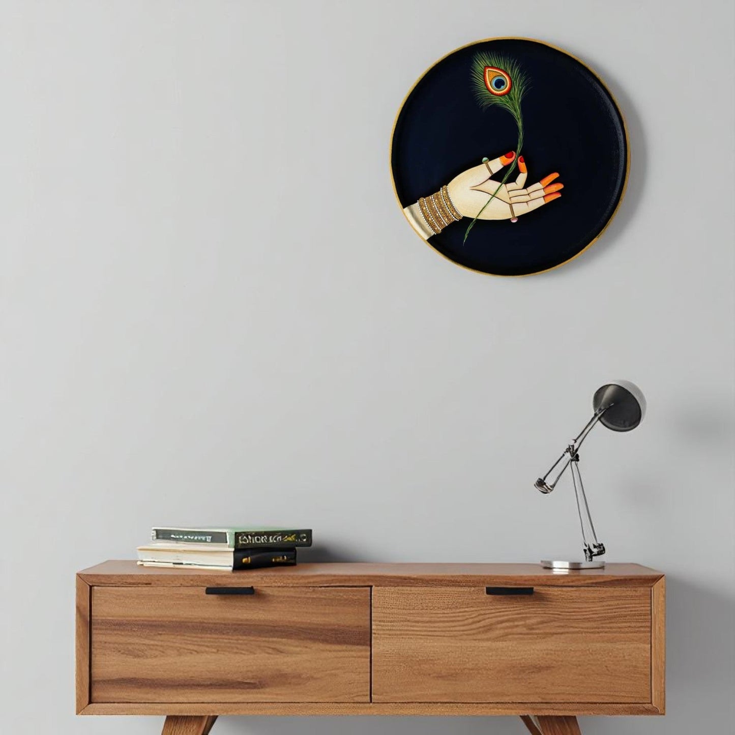 Wooden Hand Painted Round Plates Wall-Peacock Feather Design