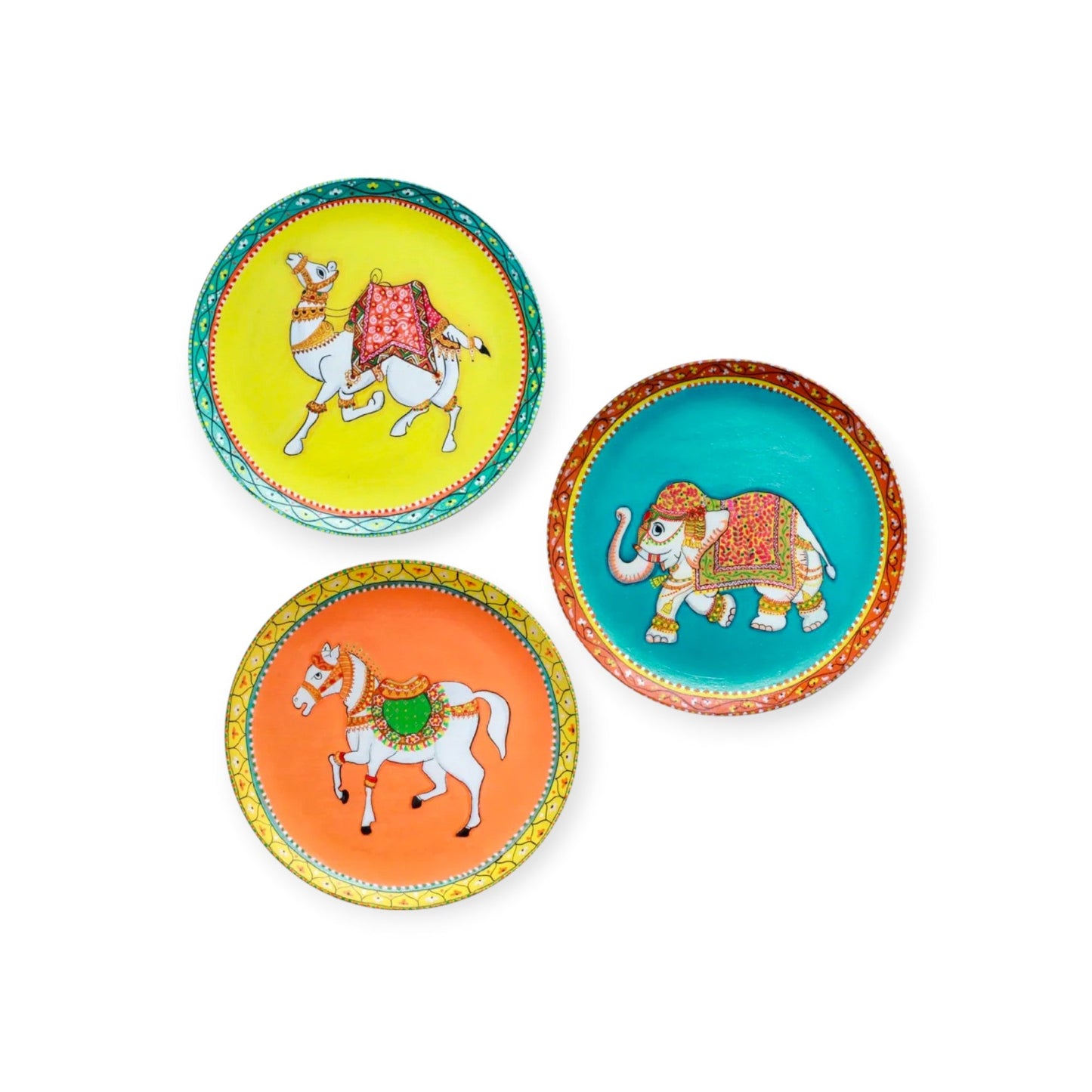 Wooden Hand Painted Wall Plates Home Decor - Camel Elephant And Horse Designs