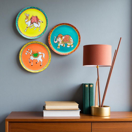 Wooden Hand Painted Wall Plates Home Decor - Camel Elephant And Horse Designs