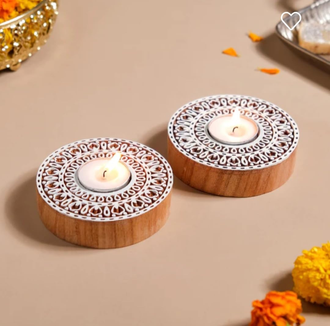 Wooden Hand Block Round Shape Diya pair