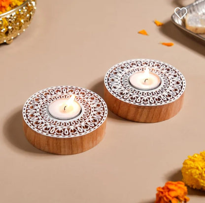 Wooden Hand Block Round Shape Diya pair