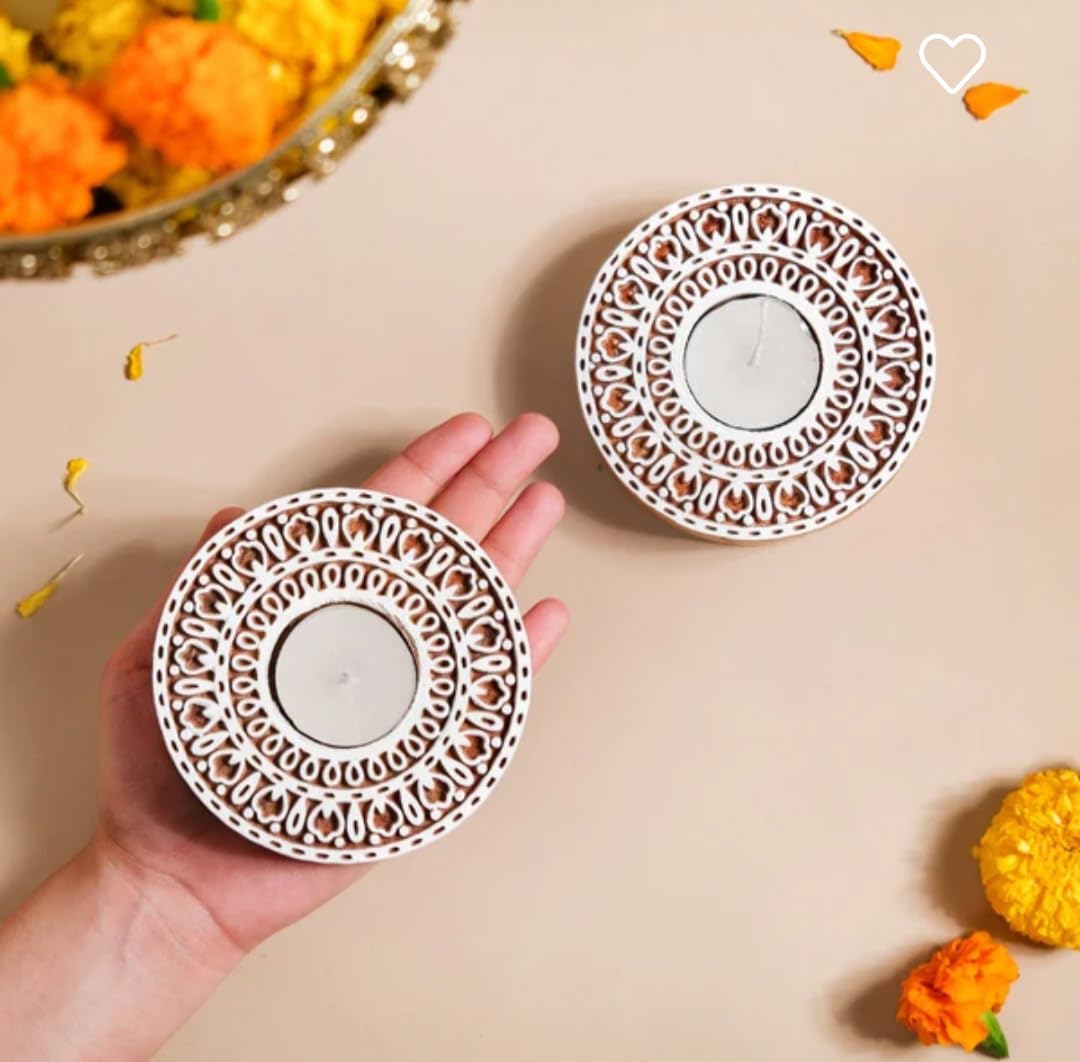 Wooden Hand Block Round Shape Diya pair