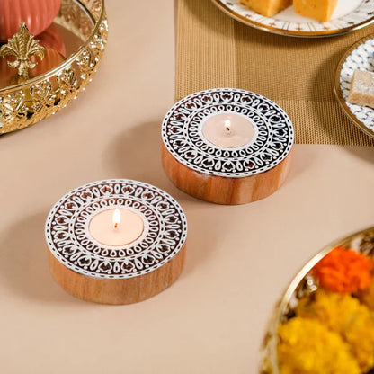 Wooden Hand Block Round Shape Diya pair