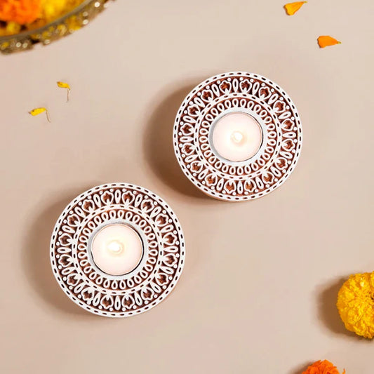 Wooden Hand Block Round Shape Diya pair