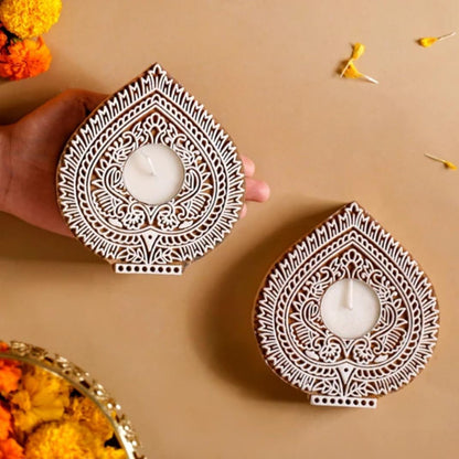 Wooden Hand Block Paan Shape Diya pair