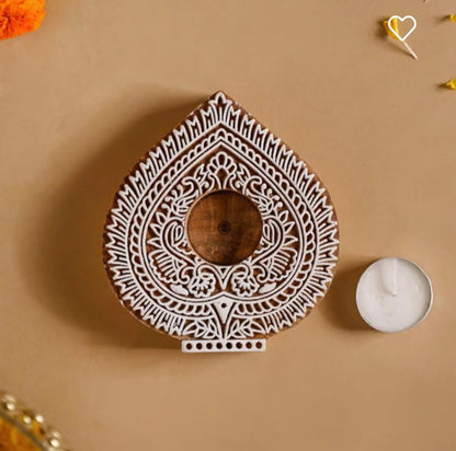 Wooden Hand Block Paan Shape Diya pair